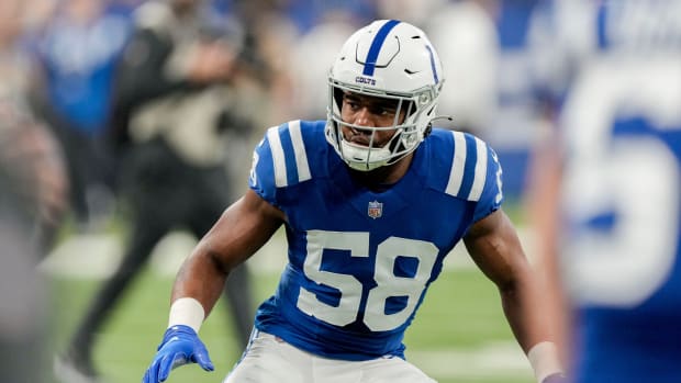 Indianapolis Colts linebacker Bobby Okereke (58) warms up Sunday, Jan. 8, 2023, before a game against the Houston Texans at Lucas Oil Stadium in Indianapolis.